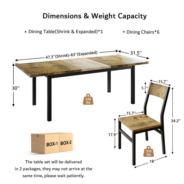 7-Piece Extendable Dining Table Set with 6 Chairs
