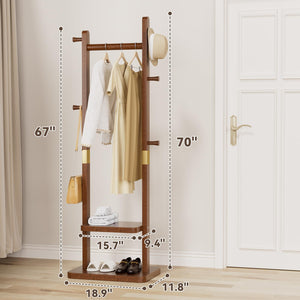 Solid Wood Coat Rack with 2 Shelves & 5 Hooks – Freestanding Clothes Stand