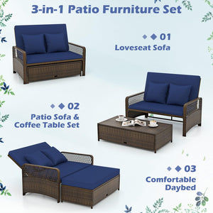Outdoor Rattan Daybed Loveseat Set with Storage Ottoman & Cushions