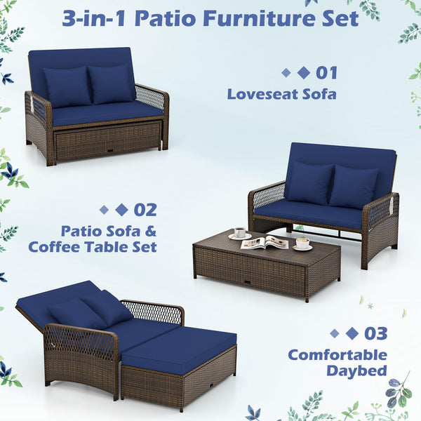 Outdoor Rattan Daybed Loveseat Set with Storage Ottoman & Cushions