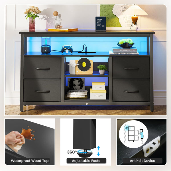 Black TV Stand with LED Lights and Power Outlets for 55 Inch TVs