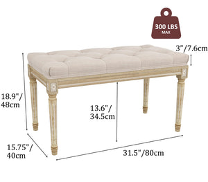 Upholstered Vanity Bench with Button Tufting & Carved Wood Legs