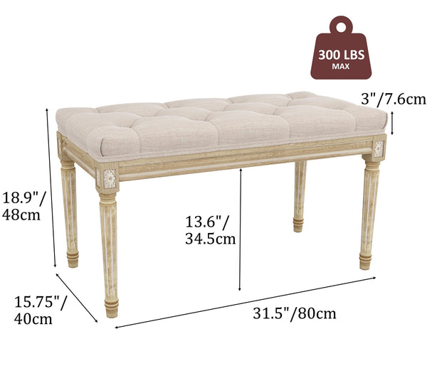 Upholstered Vanity Bench with Button Tufting & Carved Wood Legs
