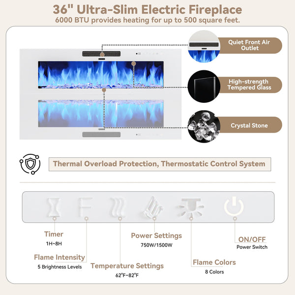 70" Electric Fireplace TV Stand with LED Lighting & Charging Station
