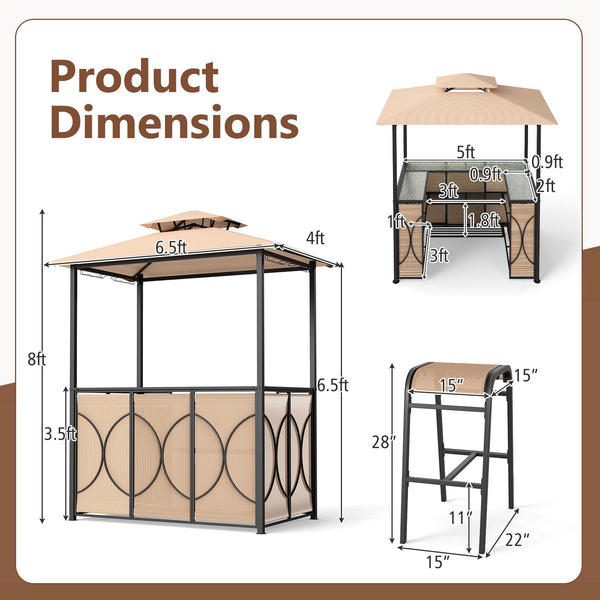 3-Piece Outdoor Patio Bar Set with Grill Gazebo & Bar Stools