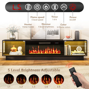 80" Electric Fireplace TV Stand with Glass Cabinets & LED Lighting