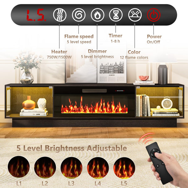 80" Electric Fireplace TV Stand with Glass Cabinets & LED Lighting