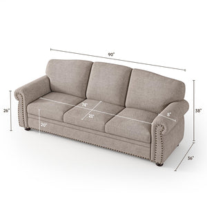 90-Inch Nailhead Trim 3-Seater Sofa with Pocket Spring Cushions