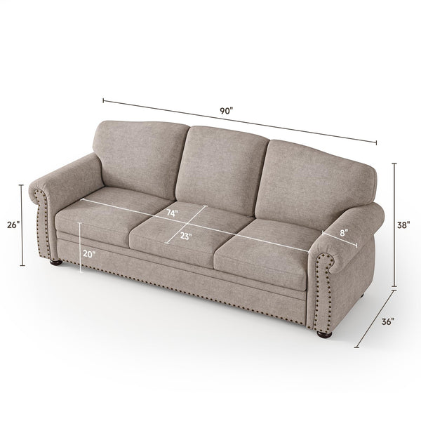 90-Inch Nailhead Trim 3-Seater Sofa with Pocket Spring Cushions