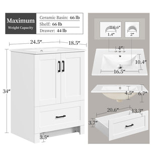 24.5" Freestanding Bathroom Vanity with Ceramic Sink, 2 Doors & Drawer – White