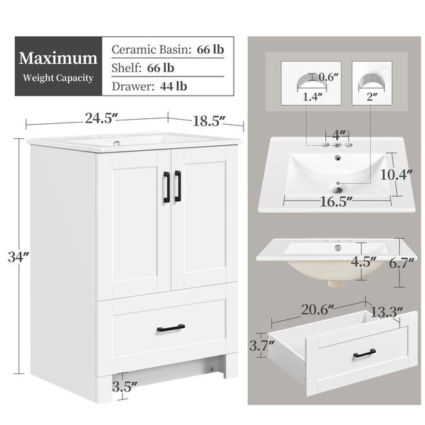 24.5" Freestanding Bathroom Vanity with Ceramic Sink, 2 Doors & Drawer – White