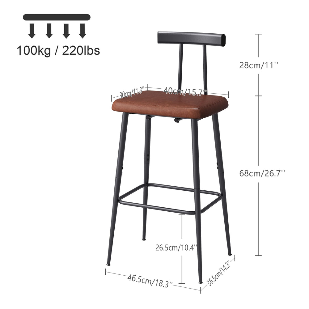 Industrial Bar Stools Set of 2 with PU Leather Cushion & Footrest