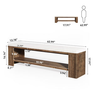 63" Solid Wood Entryway Bench with Removable Cushion & Fluted Legs