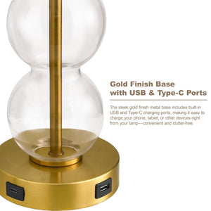 Glass Table Lamps Set of 2 with USB Charging Ports and Linen Shade