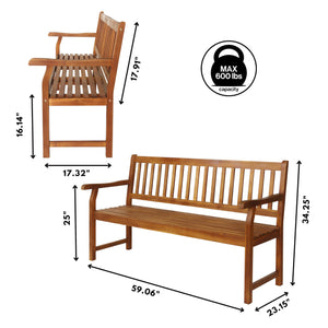 Acacia Wood Outdoor Garden Bench – 3-Seat Slat-Back, 600 lbs Support