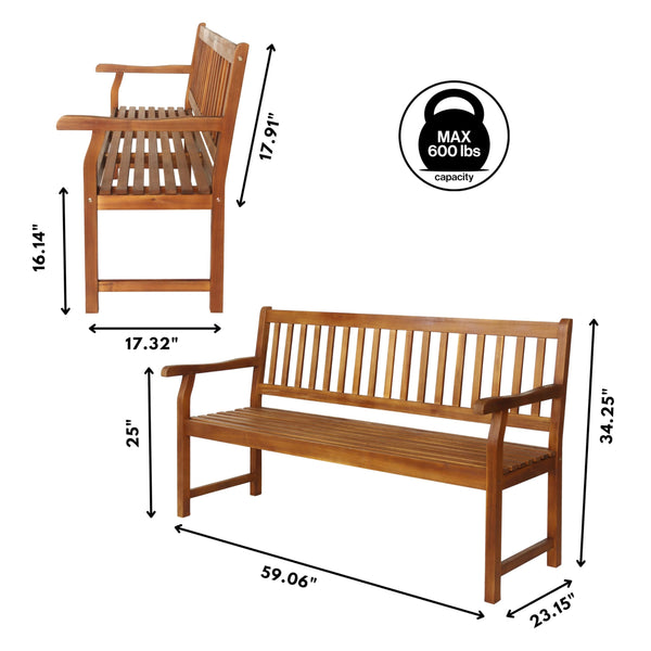 Acacia Wood Outdoor Garden Bench – 3-Seat Slat-Back, 600 lbs Support