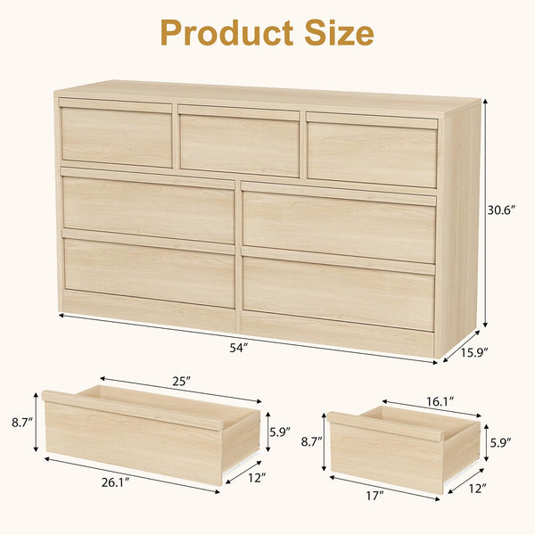 7-Drawer Dresser, 54" Wide, Natural Oak