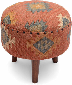 Round Jute Pouf Ottoman with Mango Wood Legs