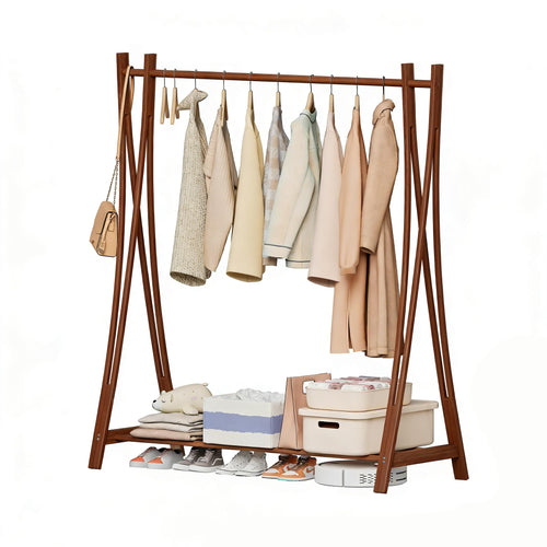 Freestanding Wood Clothes Rack with Storage Shelf – 52"W x 57"H