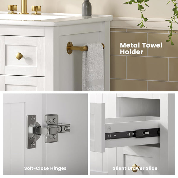 30-Inch Bathroom Vanity with Sink, Towel Holder & 3 Drawers – White