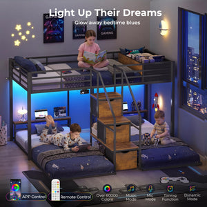 Triple Bunk Bed with Storage Staircase, RGB Lights & Charging Station – Twin Over Twin