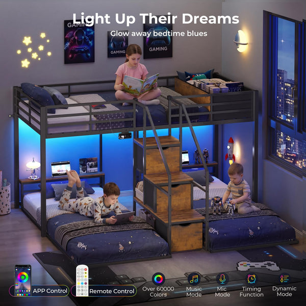 Triple Bunk Bed with Storage Staircase, RGB Lights & Charging Station – Twin Over Twin