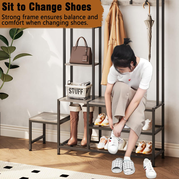 5-in-1 Hall Tree with Shoe Bench, Coat Rack & 4-Tier Shelves, Industrial