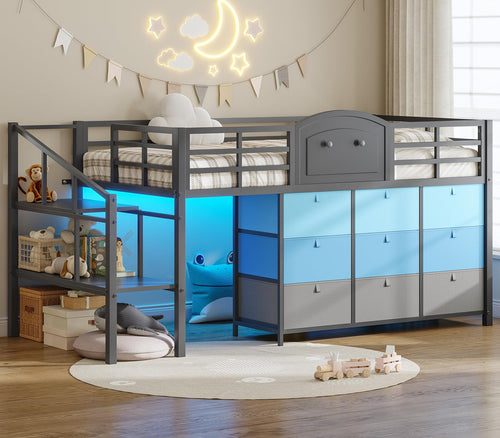 Kids Low Loft Bed with Storage Drawers and LED Lights