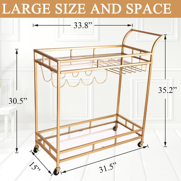 Gold 2-Tier Bar Cart with Wheels