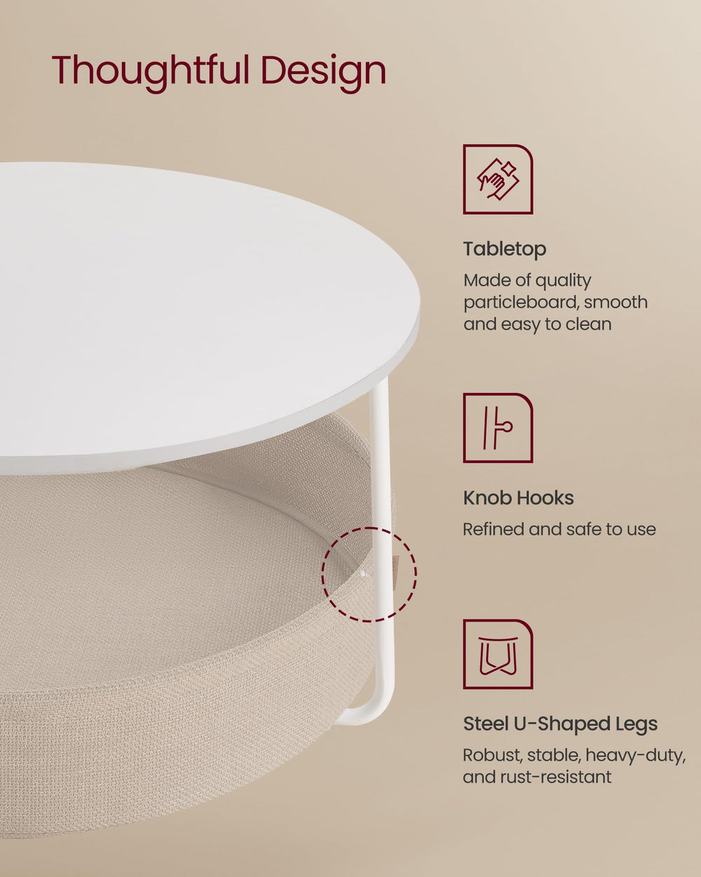 Round Coffee Table with Fabric Storage Basket & Metal Frame