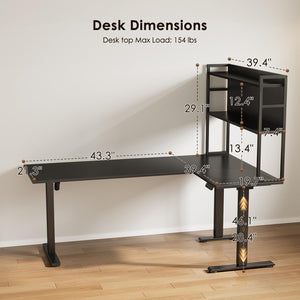 L-Shaped Electric Standing Desk 63 Inch with Storage Shelf