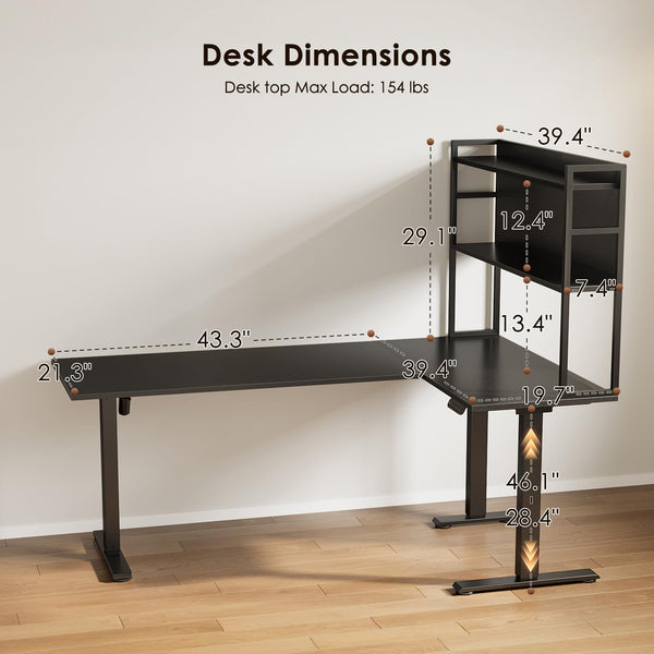 L-Shaped Electric Standing Desk 63 Inch with Storage Shelf
