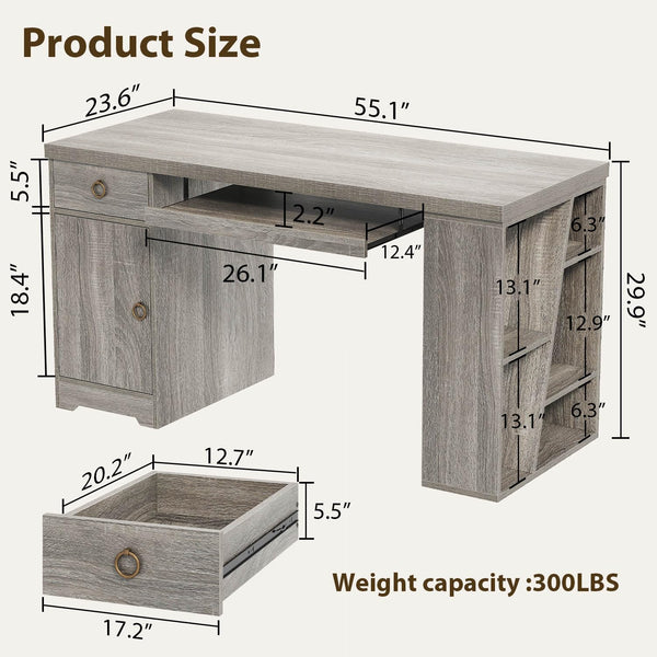 55" L-Shaped Corner Office Desk with Drawers, Cabinet, Shelves & Keyboard Tray