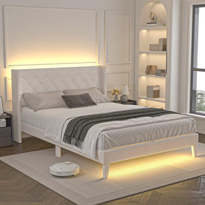 LED Upholstered Platform Bed Frame with Headboard & Footboard