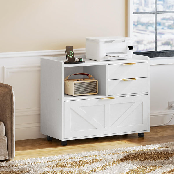 Lateral File Cabinet with Charging Station and Printer Stand