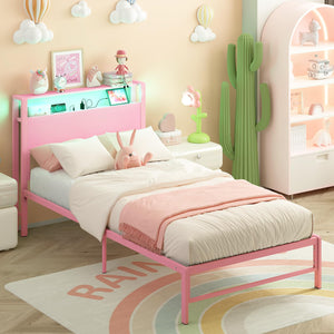 Twin Bed Frame with Storage Headboard, LED Light & Charging Station