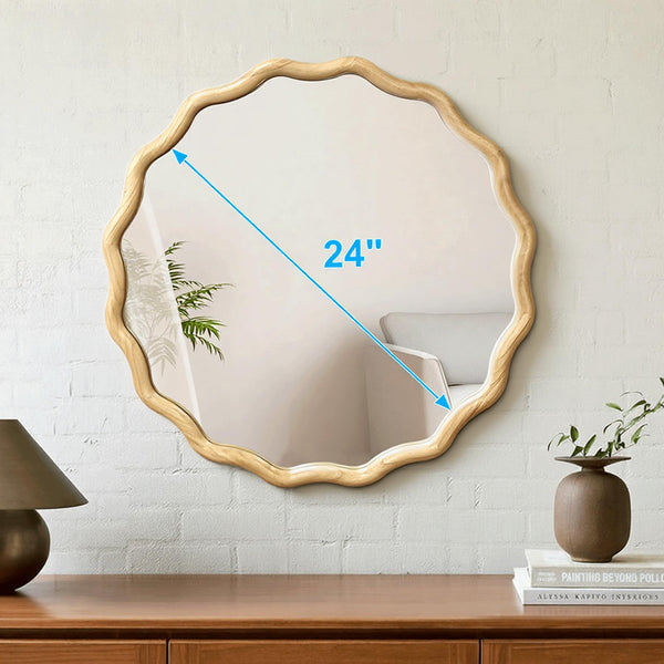 Wavy Round Wood Wall Mirror with Scalloped Frame