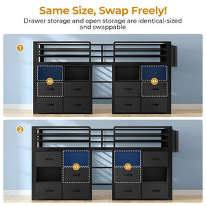 Twin Kids Loft Bed with Storage Drawers, Bookcase & LED Lights