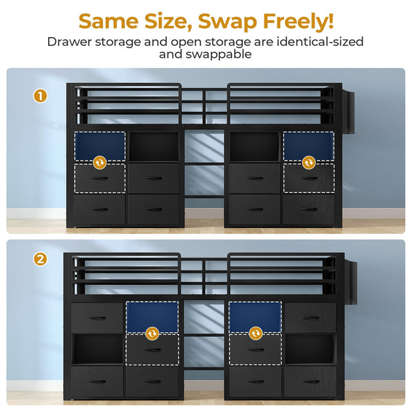 Twin Kids Loft Bed with Storage Drawers, Bookcase & LED Lights