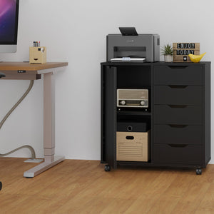 5-Drawer Chest with Door & Wheels – Wood Storage Dresser Cabinet