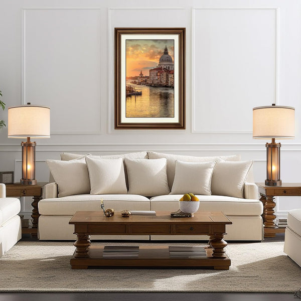Farmhouse Table Lamps Set of 2 with USB Charging Ports & Amber Glass Nightlight