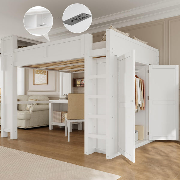 Queen Loft Bed with Desk, Wardrobe & Charging Station – White Wood