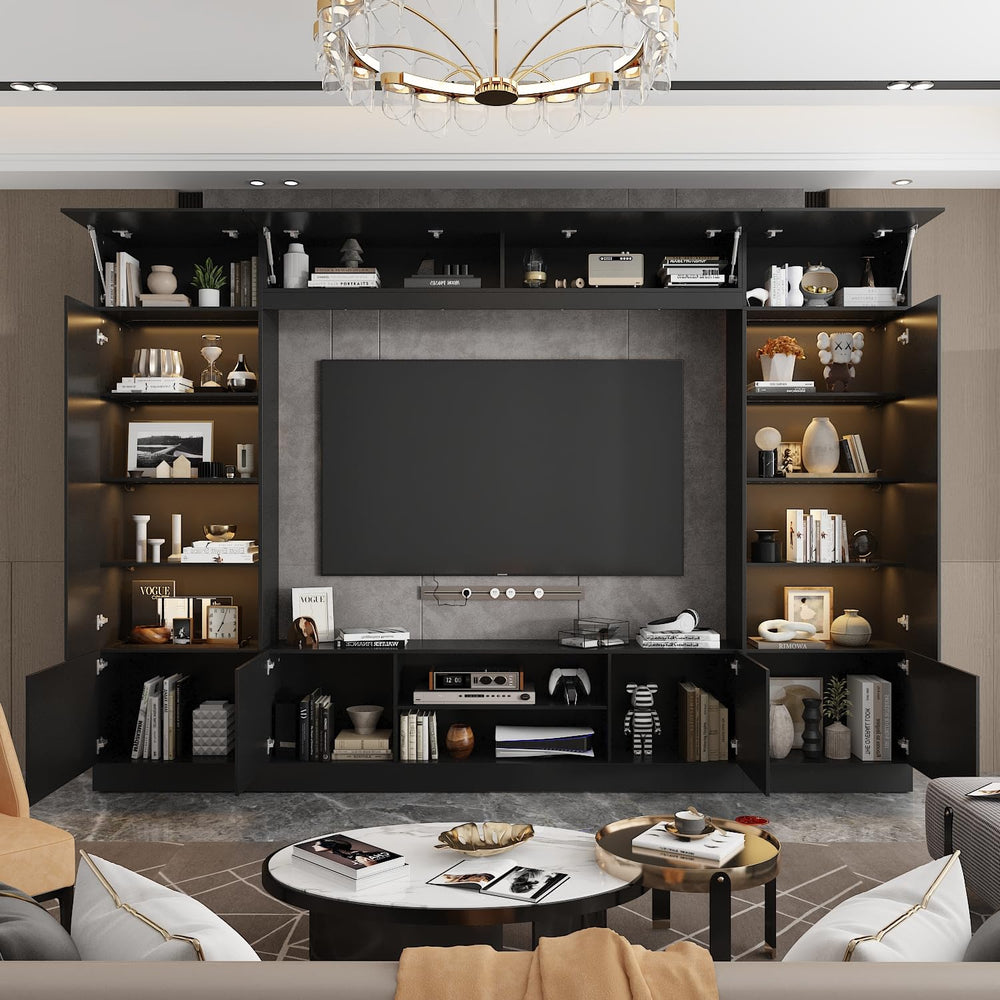 114" Wall Unit Entertainment Center with LED Lights & 18 Shelves