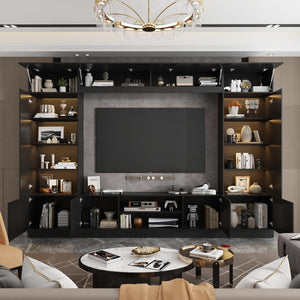 114" Wall Unit Entertainment Center with LED Lights & 18 Shelves