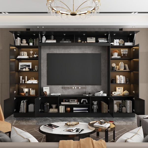114" Wall Unit Entertainment Center with LED Lights & 18 Shelves