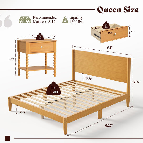 AMERLIFE 3 Piece Bedroom Set Includes Solid Wood Queen Platform Bed Frame with Headboard and 2 Nightstands with Spindle-Turned Legs, Mid Century Modern Bedroom Furniture, Natural