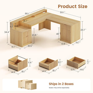 L-Shaped Executive Desk with Drawers, File Cabinet & Monitor Stand