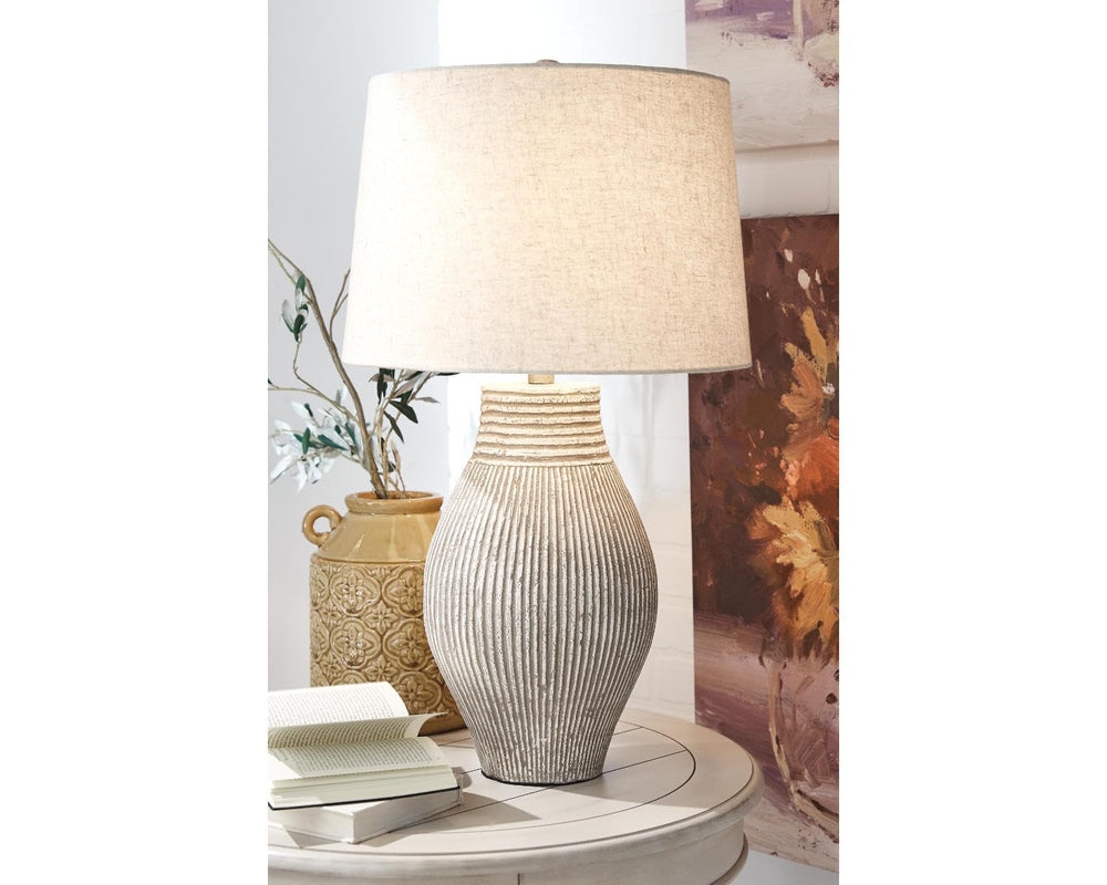 Textured Paper Composite Table Lamp with 3-Way Switch, Neutral Drum Shade