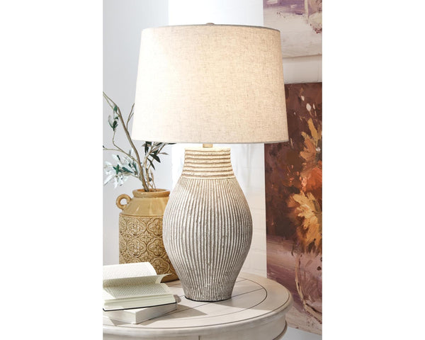 Textured Paper Composite Table Lamp with 3-Way Switch, Neutral Drum Shade