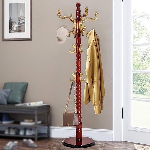 Wooden Coat Rack Stand with 14 Hooks, Adjustable Height